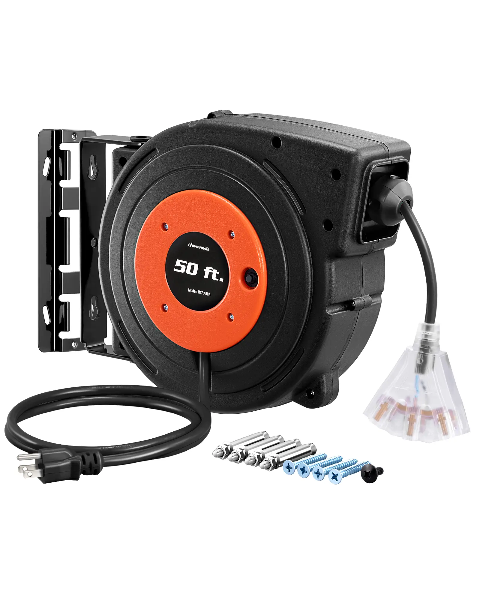 DEWENWILS 50ft Retractable Extension Cord Reel, Heavy Duty Power Cord, 14AWG/3C SJTOW, 3 Grounded Outlets Lighted Triple Tap, 13 Amp Circuit Breaker C