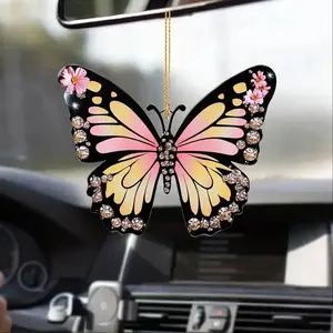 Butterfly & Rhinestone Decor Car Hanging Ornament, Car Rearview Mirror Hanging Decoration, Universal Car Interior Decoration Accessories