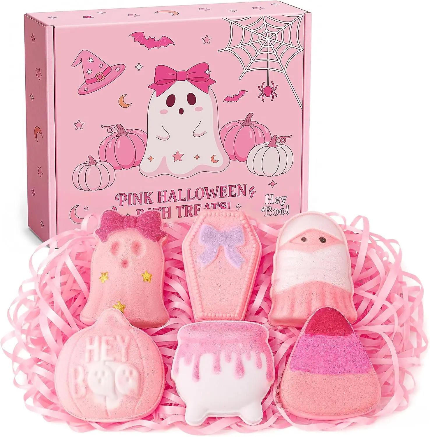 Pink Halloween Bath Bombs,Boo Basket Stuffers for Women Teen Girls Kids | 6 Packs Cute Spooky Shapes: Pumpkin, Ghost, Coffin, Cauldron, Pink Halloween Gifts, Bubble Bath Body Care