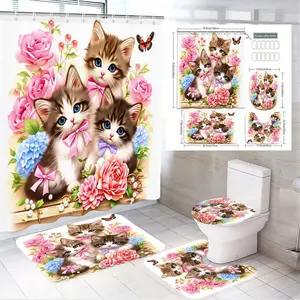 4pcs Whimsical Kittens Shower Curtain Set with Vibrant Floral Design, Adorable Pastel Bows, Cute Bathroom Decor Enhancing Holiday Cheer, Perfect for a Charming and Playful Bathroom Makeover