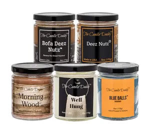 "Daddy's Greatest Hits Vol. 1" Combo Set Of Five of Our Favorite Scented 6oz Jar Candles - Deez Nutz, Bofa Deez Nuts, Blue Balls, Morning Wood and Well Hung