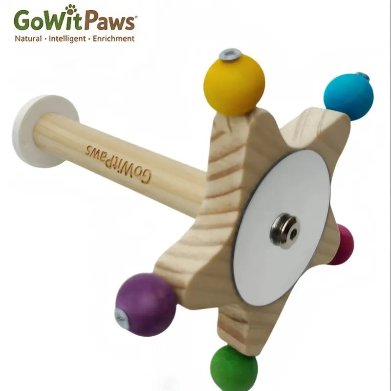 Pine Wood Rotating Star Shape Bird Perch & Toy - Rotating Arms, 5 Colored Rolling Beads, Acrylic Mirror, Food-Grade Dyed, Stimulates Play, Cage-Mountable Birdcage Toys (5.5x5.5x6.5in) for Small Birds & Animals