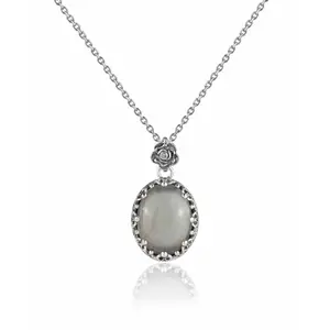 Filigree Silver Gray Moonstone Gemstone Woman Oval Pendant Necklace