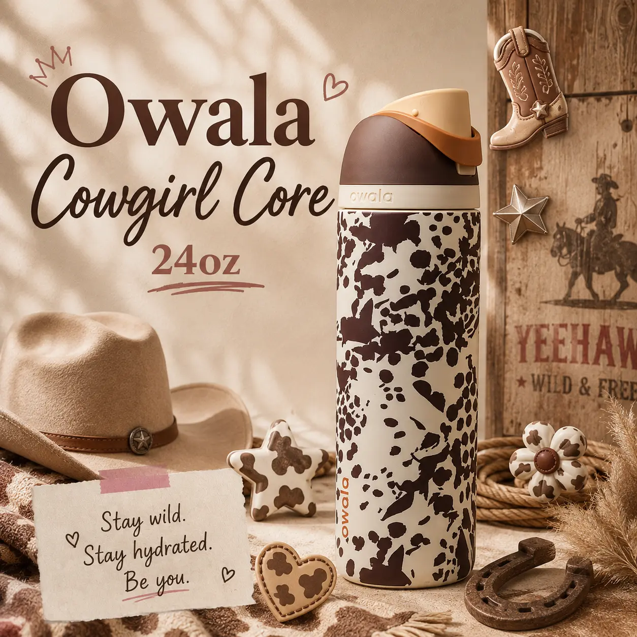 Western Cowgirl Water Bottle | Owala Cowgirl Core 24oz FreeSip Insulated Stainless Steel Bottle with Built-In Straw for Rodeo, Country Concerts & Travel