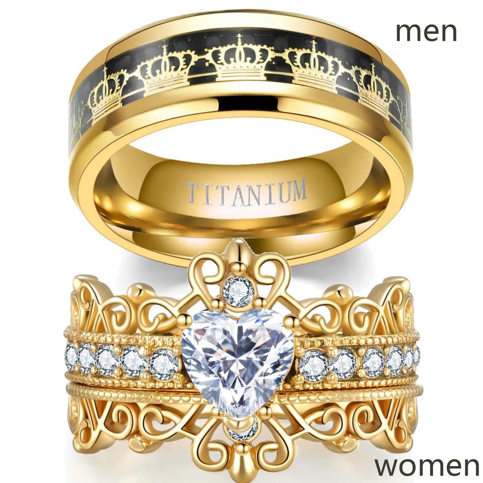 Ringcrown Couple Rings Crown Matching Rings Heart Cut 1.5ct CZ Yellow Gold Plated Women Wedding Ring Sets For Him And Her Ring Sets Men Titanium Steel Wedding Band