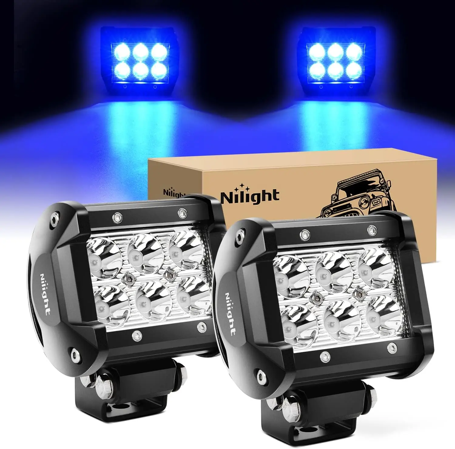 Nilight 2PCS 4-Inch 18W LED Work Lights, 4-in-1 Blue Spot Beam Aluminum Alloy Off-Road Accessories, IP67 Rated Driving Fog/Signal Lights with Mount Brackets, 6 x 3W High Intensity LEDs for UTVs/Trailers