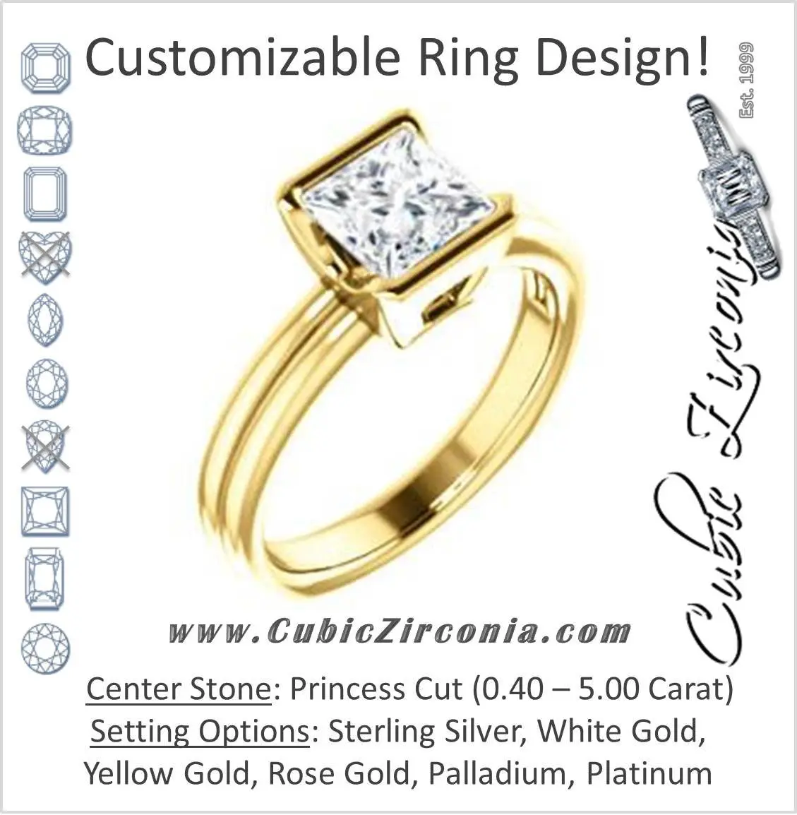 Cubic Zirconia Engagement Ring- The Monse (Customizable Bezel-set Princess Cut Solitaire with Grooved Band & Euro Shank)