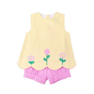 Blooming Flowers Yellow Gingham Cleo Short Set - Cute Girl's Spring 2 Piece Outfit