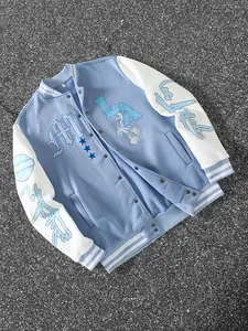 Men's Blue Patchwork Letter Print Zipper Flight Jacket, Casual Style Baseball Collar Long Sleeve Fall & Winter Outerwear