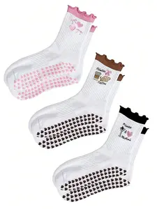 3 Pairs Women's Socks, Cute Princess Style Indoor Pilates Yoga Socks, Sweet Lace Embroidered Mid-Calf Socks, Anti-Slip Sport Socks, Comfortable, Elegance & Odor-Resistant