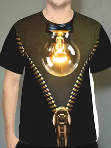 Men's Futuristic Glowing Light Bulb & Golden Zipper T-Shirt - 3D Printed Streetwear with Dark Textured Background, Breathable Polyester Short Sleeve Round Neck Casual Shirt Suitable for Year-Round Wear, Machine Washable for Daily Outfits