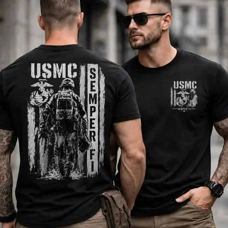 Menswear Short-Sleeve Round Neck T-Shirt, 100% Cotton USMC Semper Fi Front/Back Print American Flag Graphic Top, 4th of July Veteran Gift Casual Tee, Shortsleeve, Tshirt, Pure Cotton