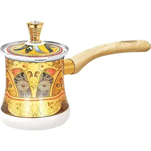 Turkish Arabic Coffee Pot with Wooden Handle,Stove Top Water Boiler, Coffee Maker, Butter,  & Milk Warmer,Even and Quick Heat with Handcrafted Metal Material (White and )