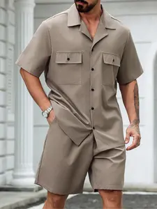 Men's Summer Sleepwear Pajama Loungewear Set, Comfortable Short-Sleeve T-Shirt and Shorts, Pure Color Pocket Design, Perfect for Casual Summer