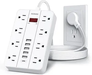 Power Strip with USB, Flat Plug Extension Cord Surge Protector 5 Ft, HUNIAN Power Strip with 8 Widely Spaced Outlets 6 USB Charger (1 USB C Port), Desk Charging Station for Home Office, White