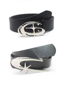 2pcs Trendy Oval Star Buckle Belts Classic Solid Color PU Waistband Casual Jeans Pants Belt For Women Girls Star Decorated Belt