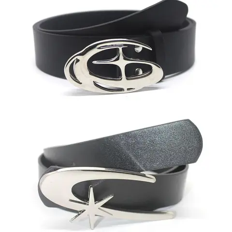 2pcs Trendy Oval Star Buckle Belts Classic Solid Color PU Waistband Casual Jeans Pants Belt With Buckle For Women Girls Star Decorated Belt Fashion Belts Decorative Belt