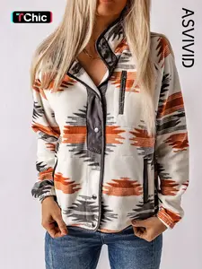 Women's Ethnic Pattern Button Front Pocket Jacket, Casual Western Style Raglan Sleeve Stand Collar Zipper Outerwear Coats, Ladies Clothes for Daily Wear