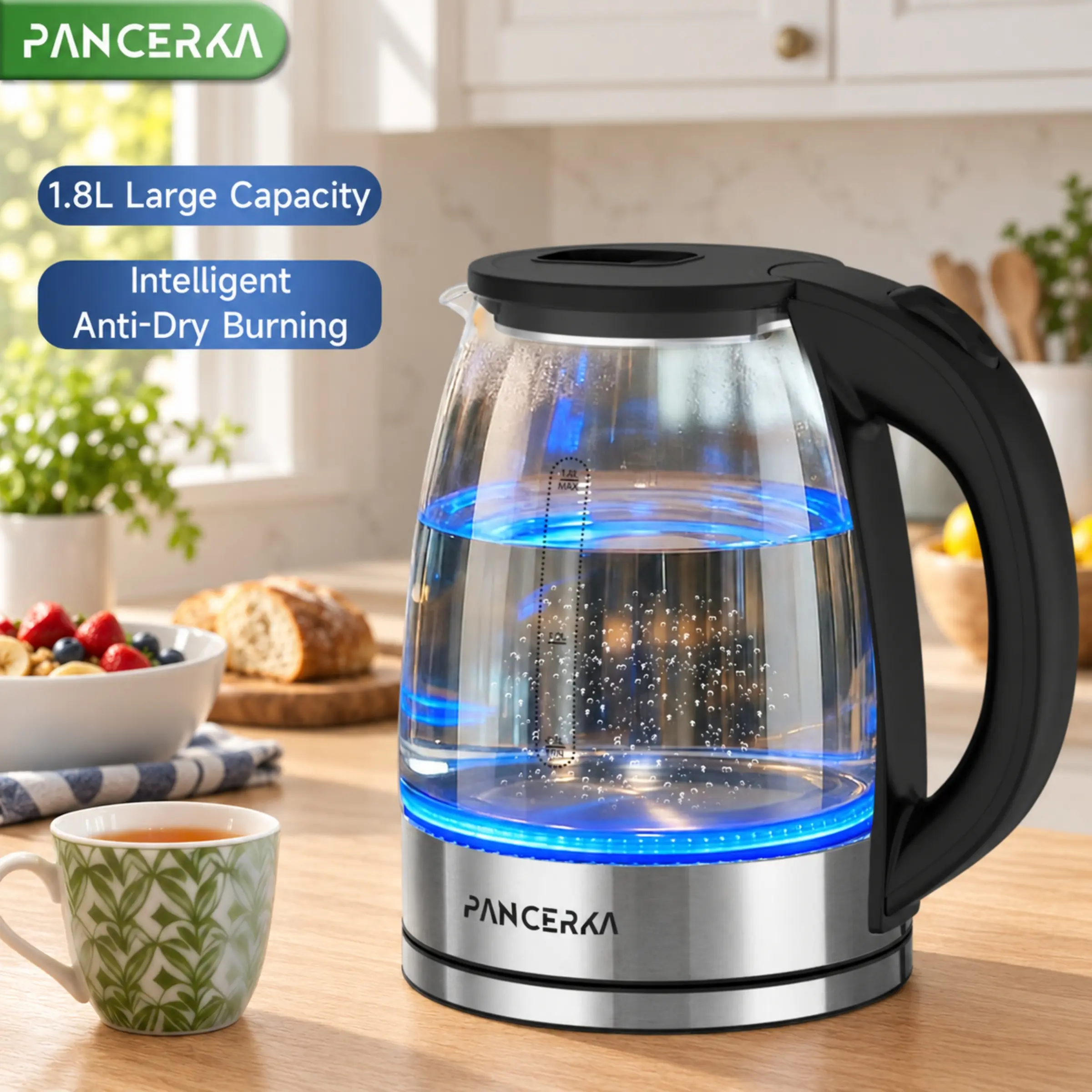 PANCERKA 1.8L Glass Electric Kettle, 1000W Fast Boiling Hot Water Boiler with Blue LED Light, Borosilicate Glass, Auto Shut-Off & Boil-Dry Protection, 360° Cordless Base for Coffee & Tea, Black