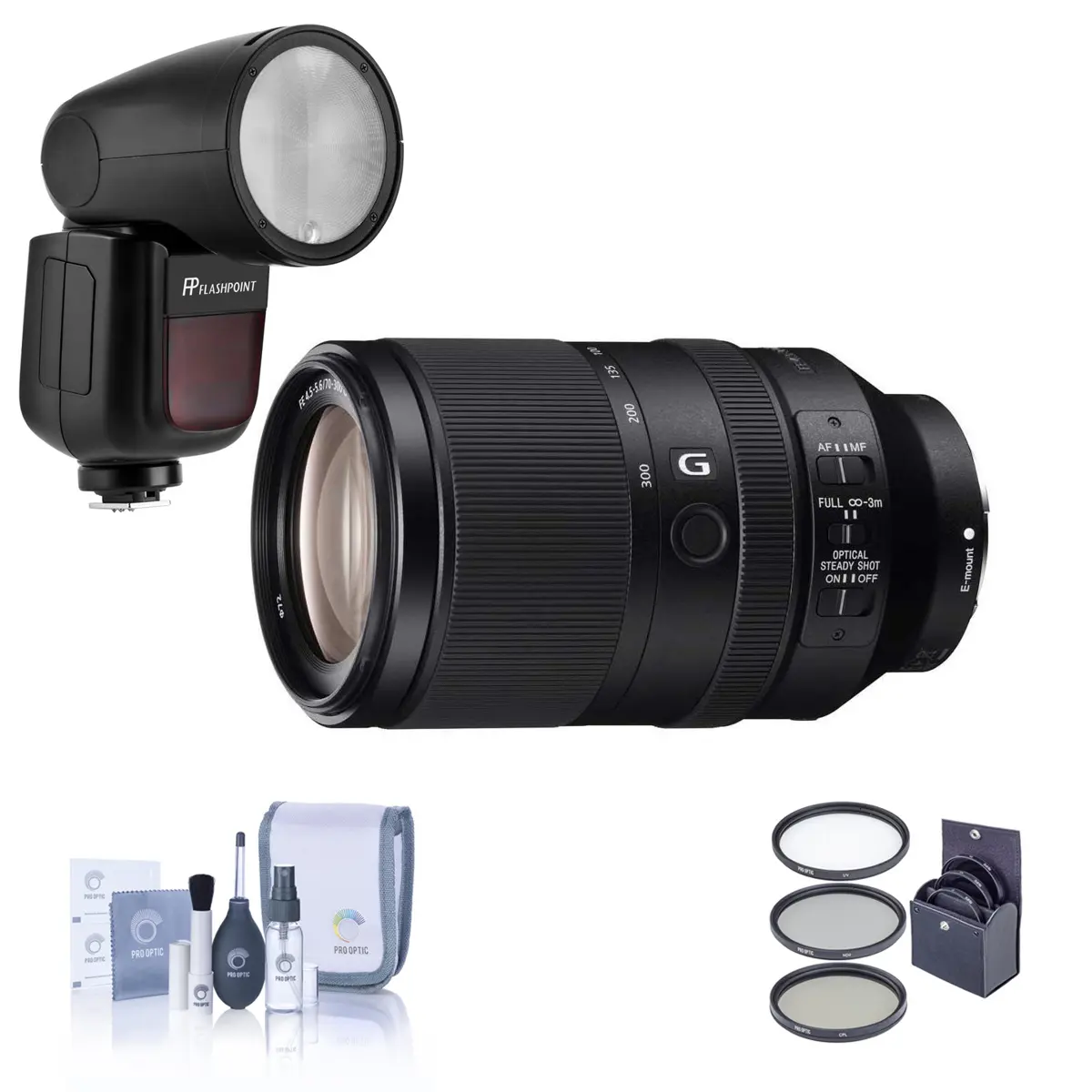 Sony FE 70-300mm f/4.5-5.6 G OSS Lens for Sony E, Bundle with Flashpoint Zoom Li-on X R2 TTL On-Camera Round Flash Speedlight, 72mm Filter Kit, Cleaning Kit