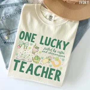 Comfort Colors One Lucky Teacher St Patricks TShirt: 'Fueled By Coffee and Shenanigans' Tee