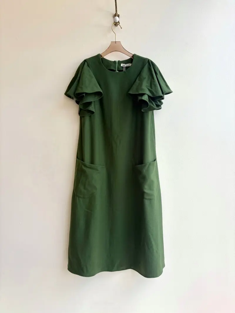 Green Wool Chore Dress with Flutter Sleeve and Patch Pockets