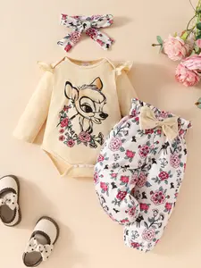 Toddler Girl's Floral Print Long Sleeve Bodysuit & Pants & Hairband Set, Cute Three-piece Outfit for Spring & Fall, Kids Clothes for Daily Wear, Baby Clothing, Summer Gift Set