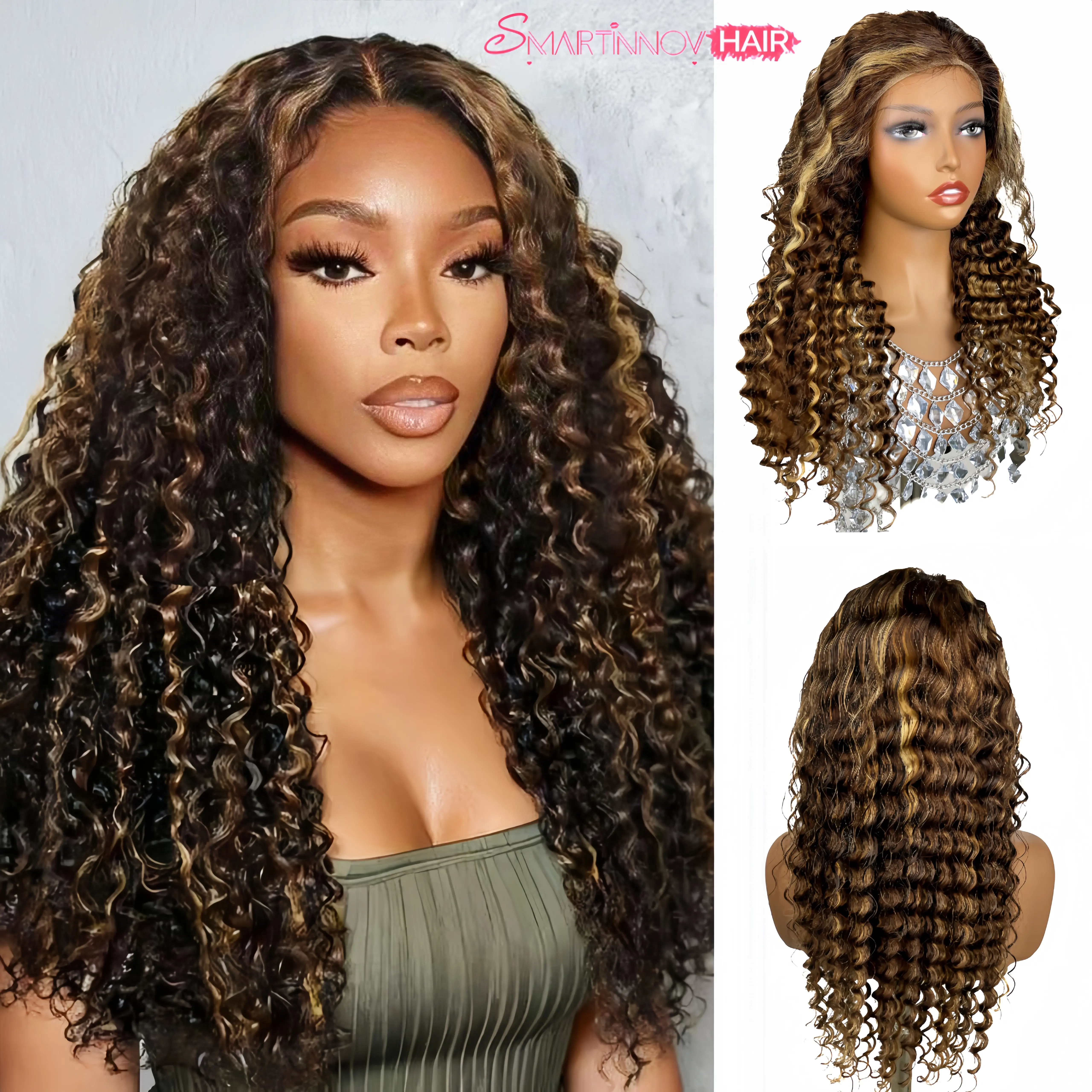 Brown Coffee Traceless Wearable Wig | 150%Density Highlighted Water Wave Golden Human Hair| 13x4 HD Lace Net| Party Essential Silky Curly Hair