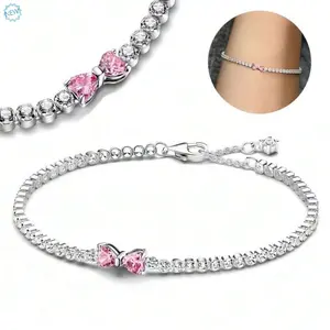 2025 Valentine New 925 Silver Pink Bow Full Diamond Bracelet Original 16-20CM Fit DIY Charm Women Birthday Jewelry Gifts