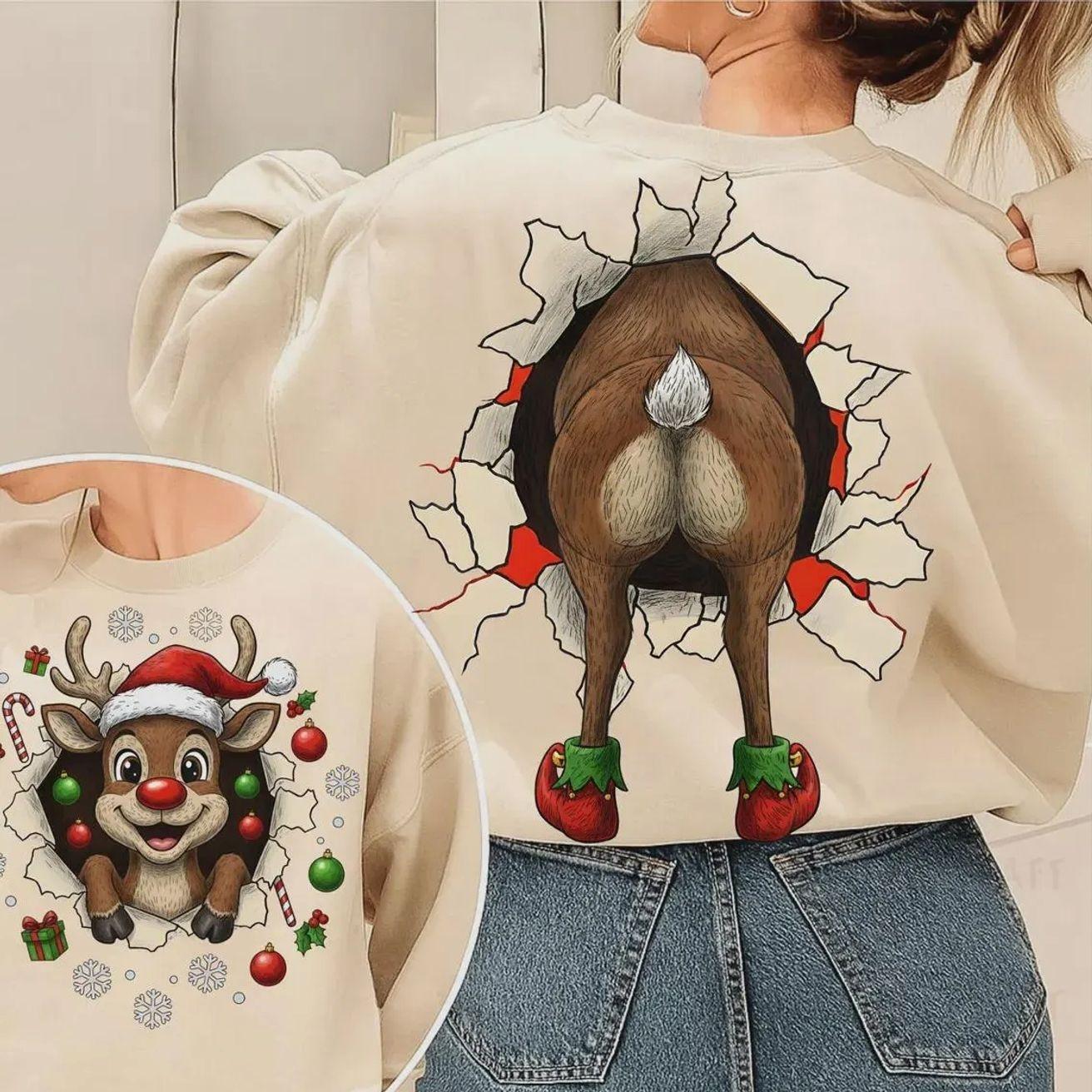 Funny Reindeer Butt Sweatshirt, Christmas Reindeer Front And Back Crewneck, Cute Xmas Reindeer Graphic Shirt, Ugly Christmas Sweater, Funny Holiday Reindeer Pullover, Xmas Gift For Women And Men, Festive Winter Holiday Party Outfit