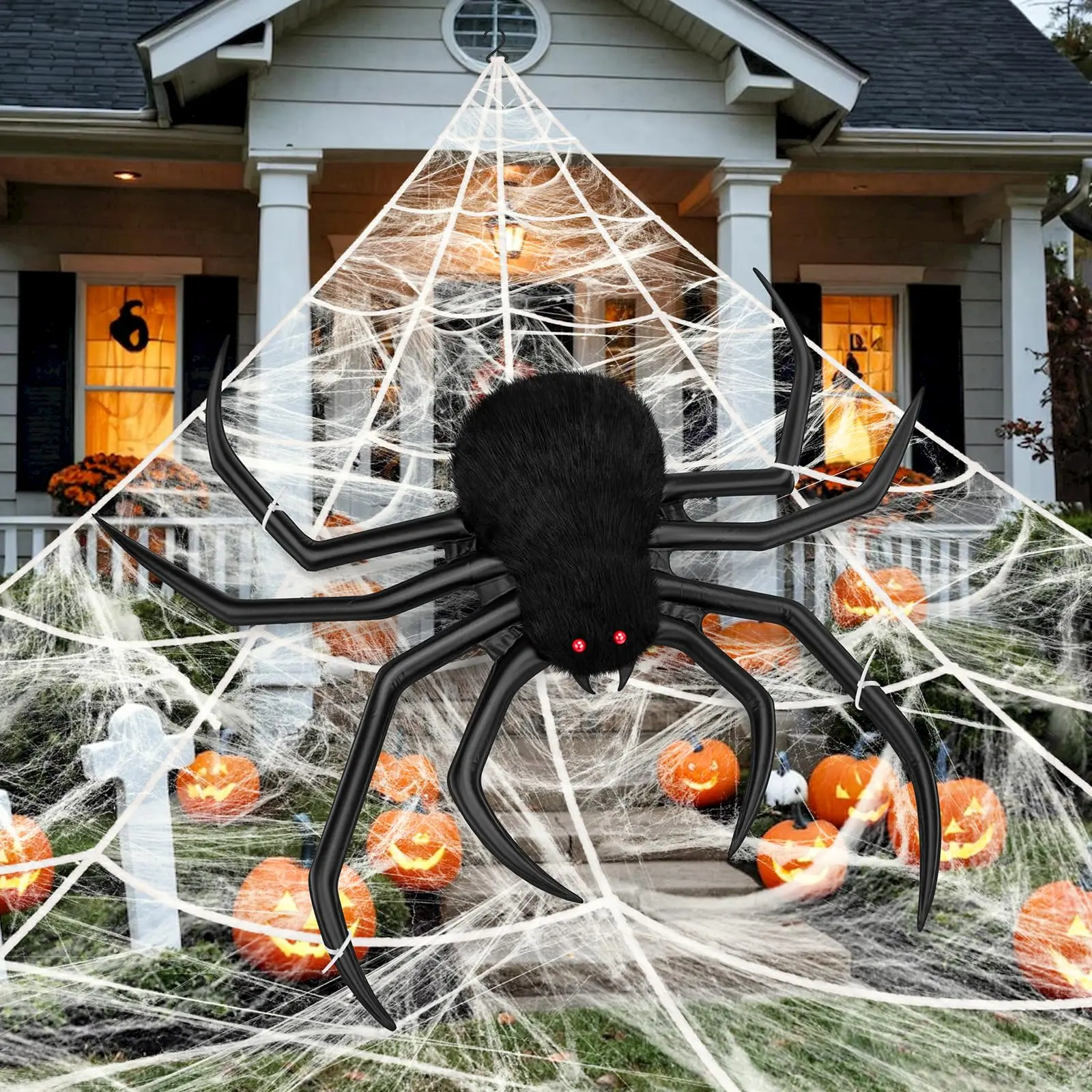Decorations Web  40'' Inflatables Giant + 200'' Triangular 20g Scary Hairy Spiders Props For Indoor Outdoor Party Yard.