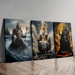 3pcs Greek Gods Canvas Wall Art Set - Poseidon Zeus Hades Triptych with Wooden Frame Stylish Home Decor for Living Room Bedroom or Study Gift Hanging Print Ornaments Artistic Decoration Photo
