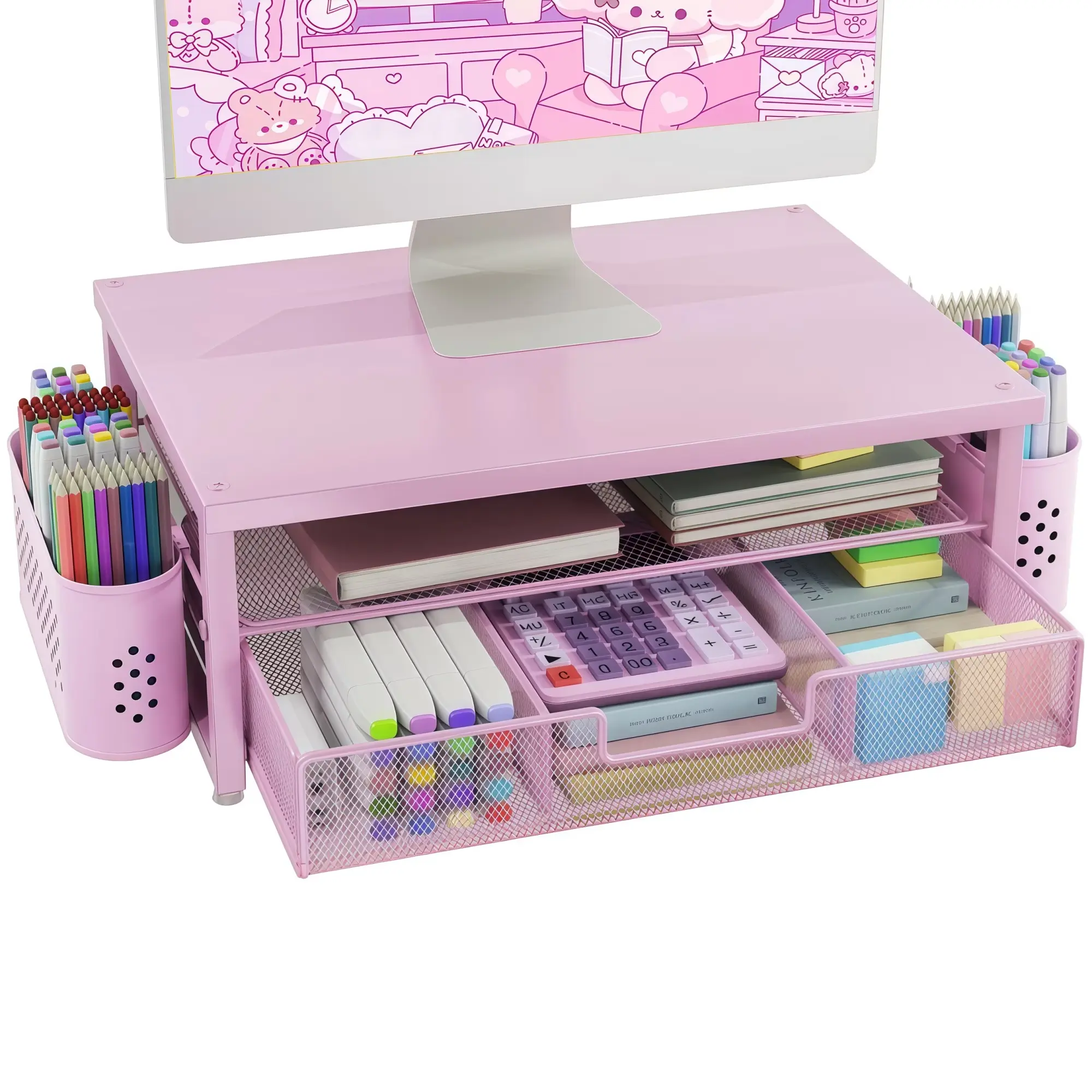 Metal Monitor Stand Riser with Pull Out Storage Drawer and 2 Pen Holders, Ergonomic Computer Laptop Desktop Organizer for Office Home Desk Pink
