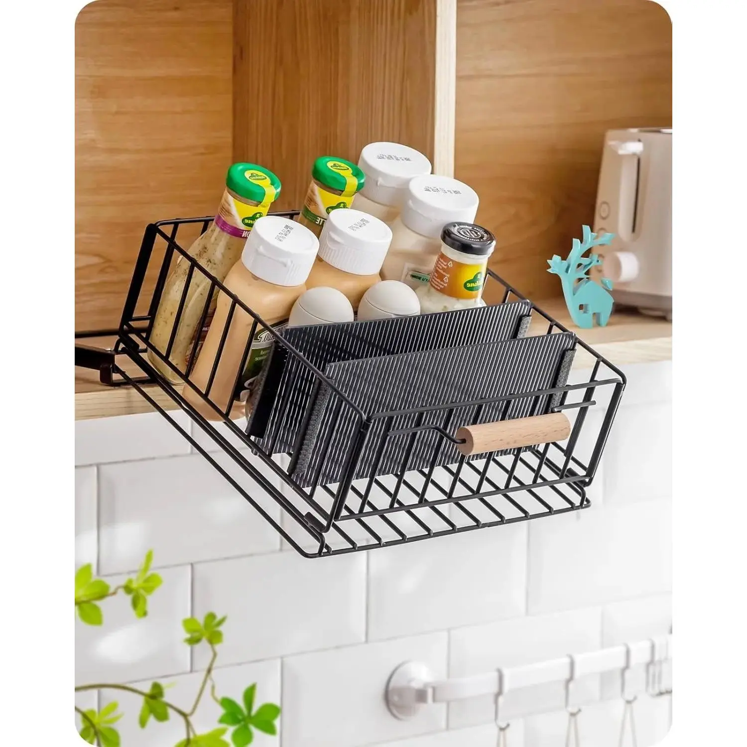 Sturdy Black Iron Pull-Down Spice Storage Cabinet-Rack, 20° Sloping Drop-Down Design with 2 Adjustable Dividers, Durable Sliding Wood Basket, Polished Welding Joints, Sliding Rail, Installation Hardware, 4.7in Height for Pantry, Upper Cabinet