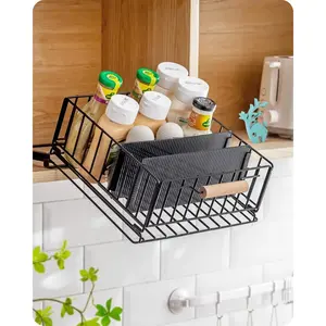Pull-Down Cabinet Organizer, 20° Sloping Drop Down Spice Rack with 2 Adjustable Dividers, Heavy-Duty Sliding Out Storage Basket for Pantry/Cupboard/Upper Cabinet (Metal, Black)