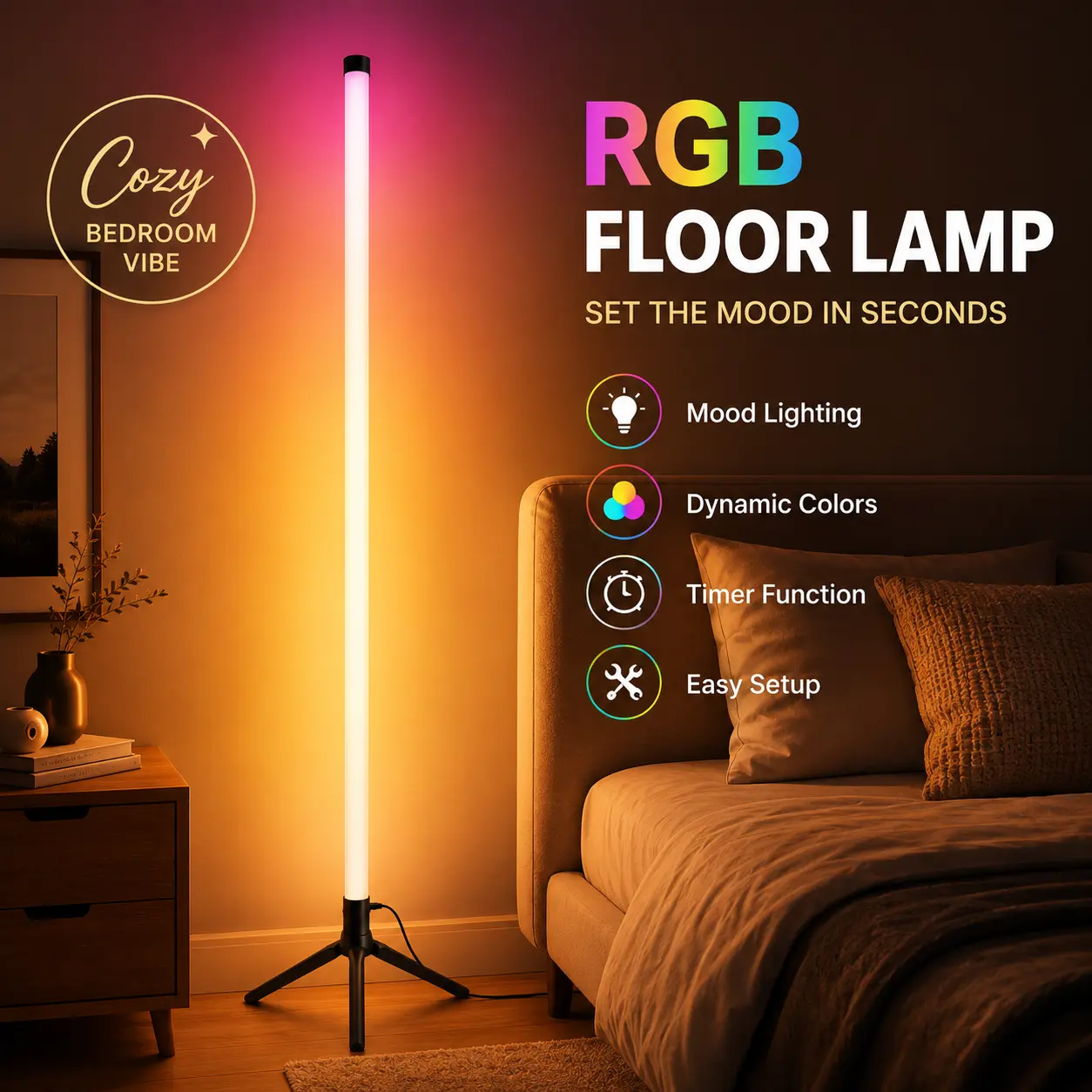 RGB Ambient Glow Floor Lamp, USB Powered Color Changing LED Standing Light with Tripod Base, Modern Room Decor Lamp for Bedroom, Gaming Room, Living Room & Party