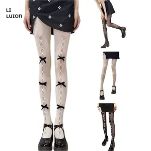 Women Fashion See-through Pantyhose with Bow Knot Decors, Hollow Out Sheer Tights for Ladies