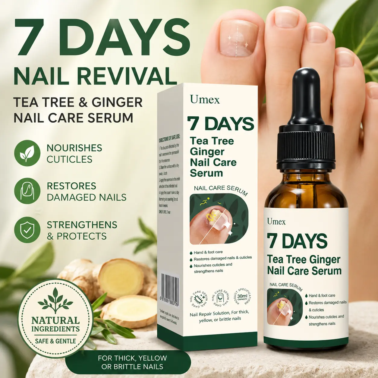 Umex Nail Repair Oil with Ginger & Turmeric, Lightweight Serum for Damaged, Brittle Nails and Smooth Cuticles, Daily Care Moisturizer - 1 Fl Oz Bottle, Natural