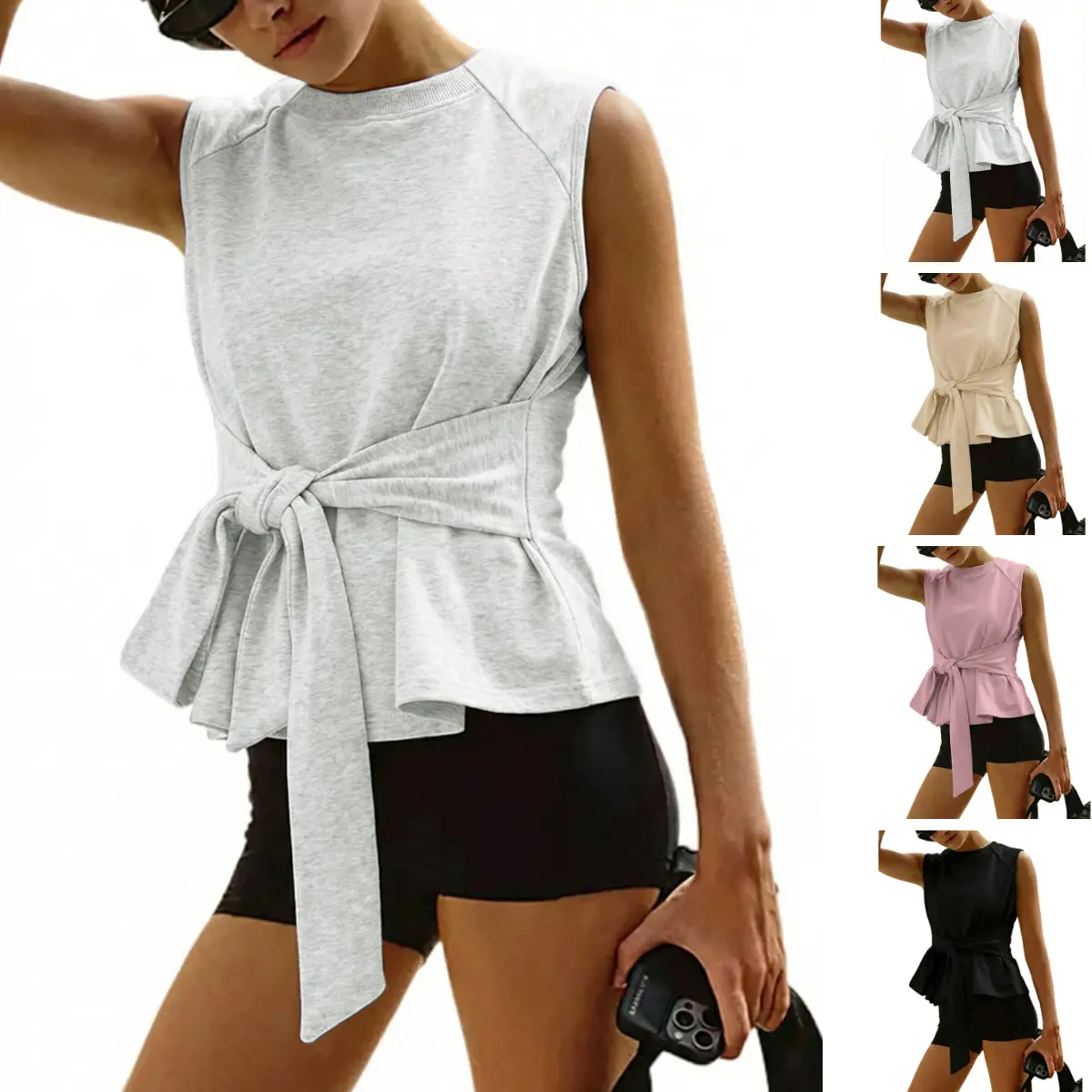 Molitree Women's Summer Sleevesless Tops Vest Sweatshirt Workout Crewneck Tie Knot Wrap T Shirt Tee