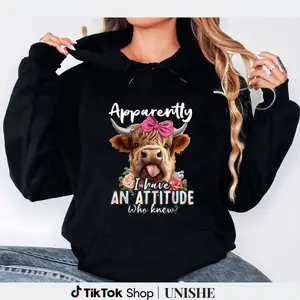 Highland Cow Attitude Tee Hoodie – Apparently I Have An Attitude Sarcasm Long Sleeve