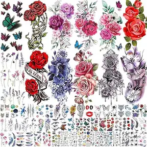 66 Sheets Peony Rose Flower Temporary Tattoos For Women Adults Thigh, 3D Lavender Butterfly Fake Tattoos Girls Arm Sleeve, Realistic Watercolor Floral Temp Tattoo Sticker Finger Tatoos Neck