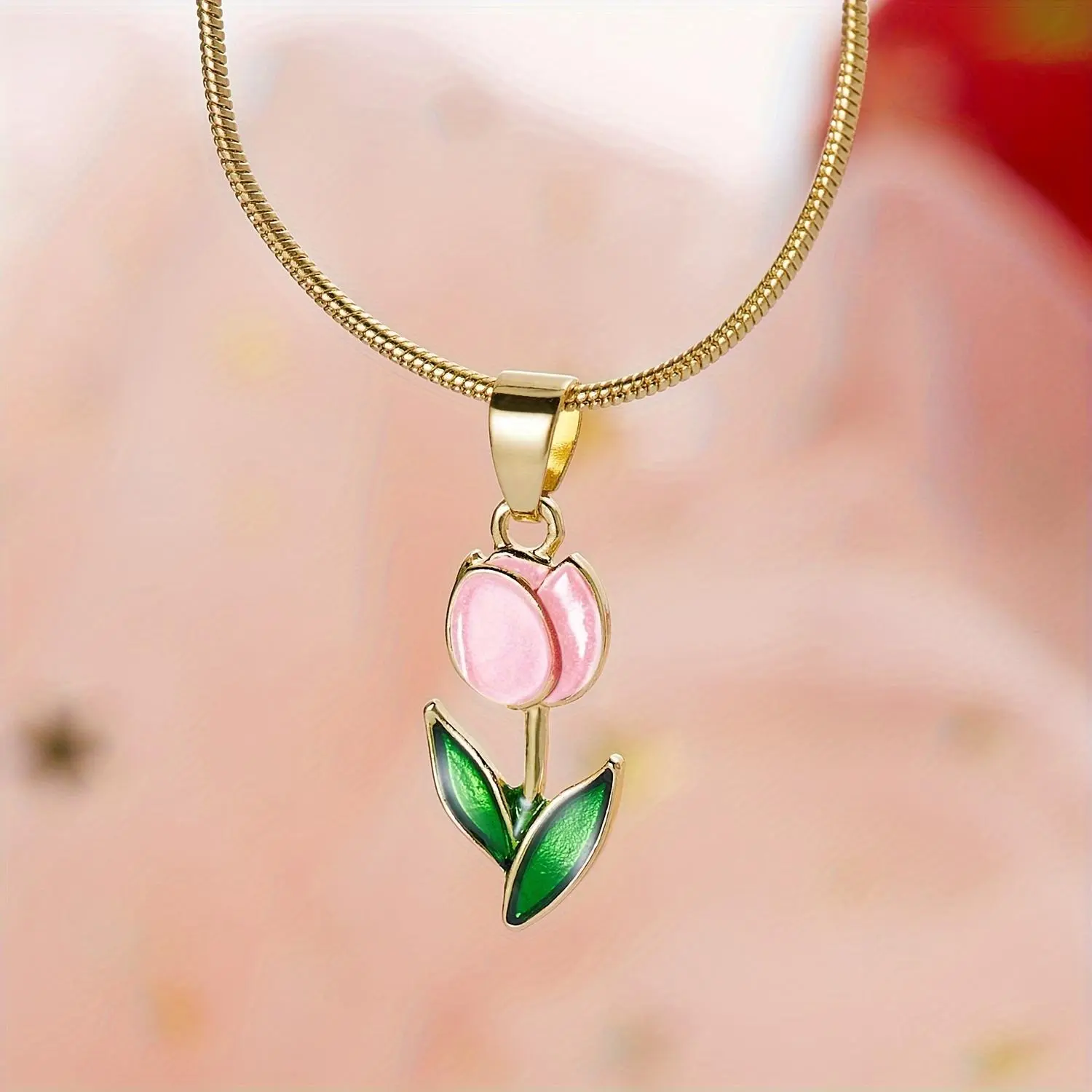 Female Elegant Enamel Tulip Flower Pendant Necklace with Simple Chain & Link, Casual Versatile Costume Jewelry for Daily Wear, Tulip Flowers, Link Chain, Simple Link Chain