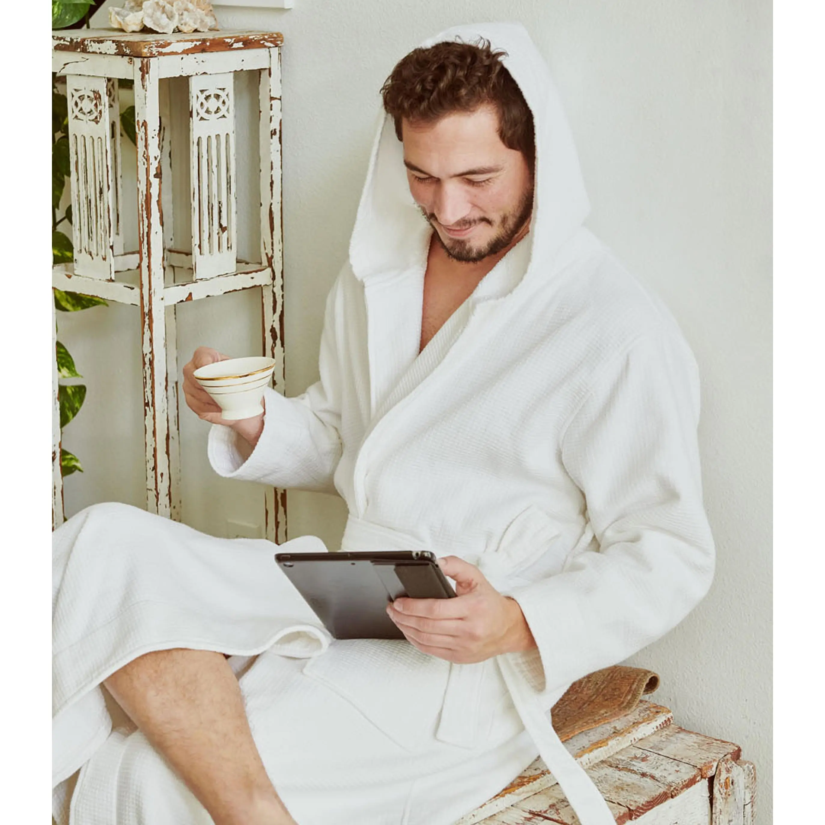 Hooded Robes - Double-Sided Waffle Terry Bathrobe with Generous Hood & Outside Pockets - Soft Absorbent 100% Cotton Fabric for Everyday Use