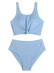 Women's Plain Ribbed Knot Front Tankini Set, Casual Scoop Neck Sleeveless Swim Crop Top & Swim Bottom Swimsuit for Beach Holiday Vacation, Ladies Swimwear for All Seasons