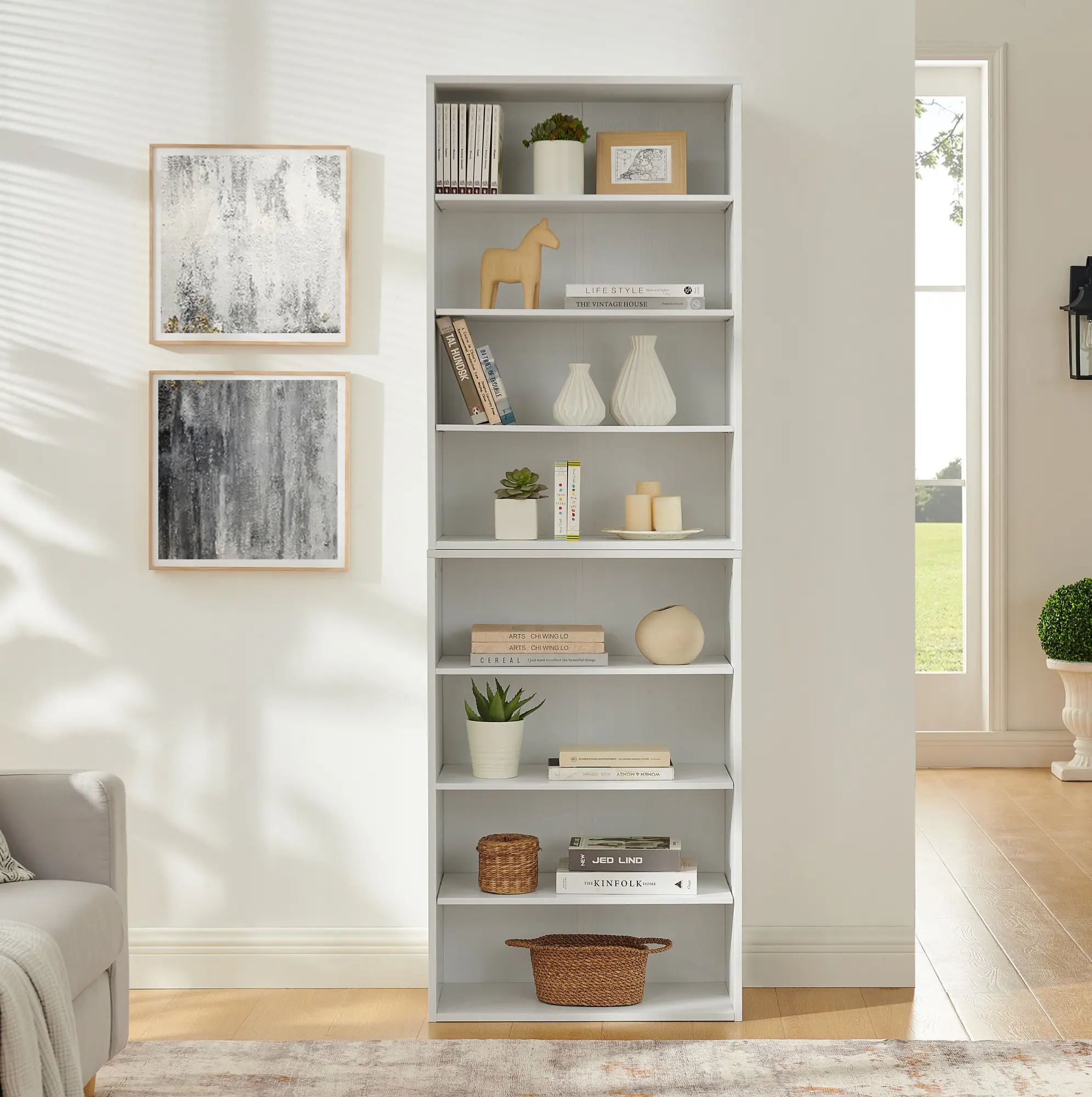 8-Tier Adjustable Shelf CD DVD Storage Cabinet Bookcase, Double-Layer Display Bookshelf for Home Office, Multi-Functional Bookcase Can Be Split into Two 4-Layer Units, Media Storage Organizer, Living Room Table for Sofa Side, Bedroom, Office