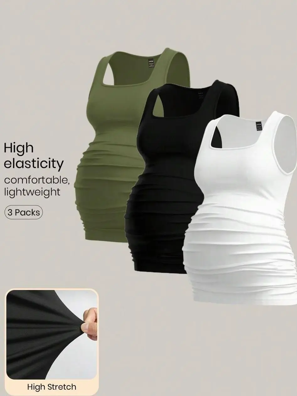 Modmama 3pcs Maternity Women's Solid Color Sleeveless Tank Tops, Casual & Simple, Perfect For Summer