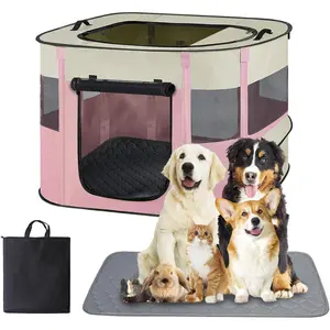 Pet Dog Cat Playpen Tent,Foldable Cat Cage Kennel,Portable Collapsible Puppy Crate for Indoor Outdoor Travel Camping Use with Washable Pad,Water-Resistant Breathable Shade Cover Pink M