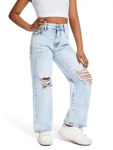 Girls' Y2K Ripped Washed Denim Jeans, New Spring Summer 2026, Back-To-School Street Style Wide Leg Jeans for Teenage Girls