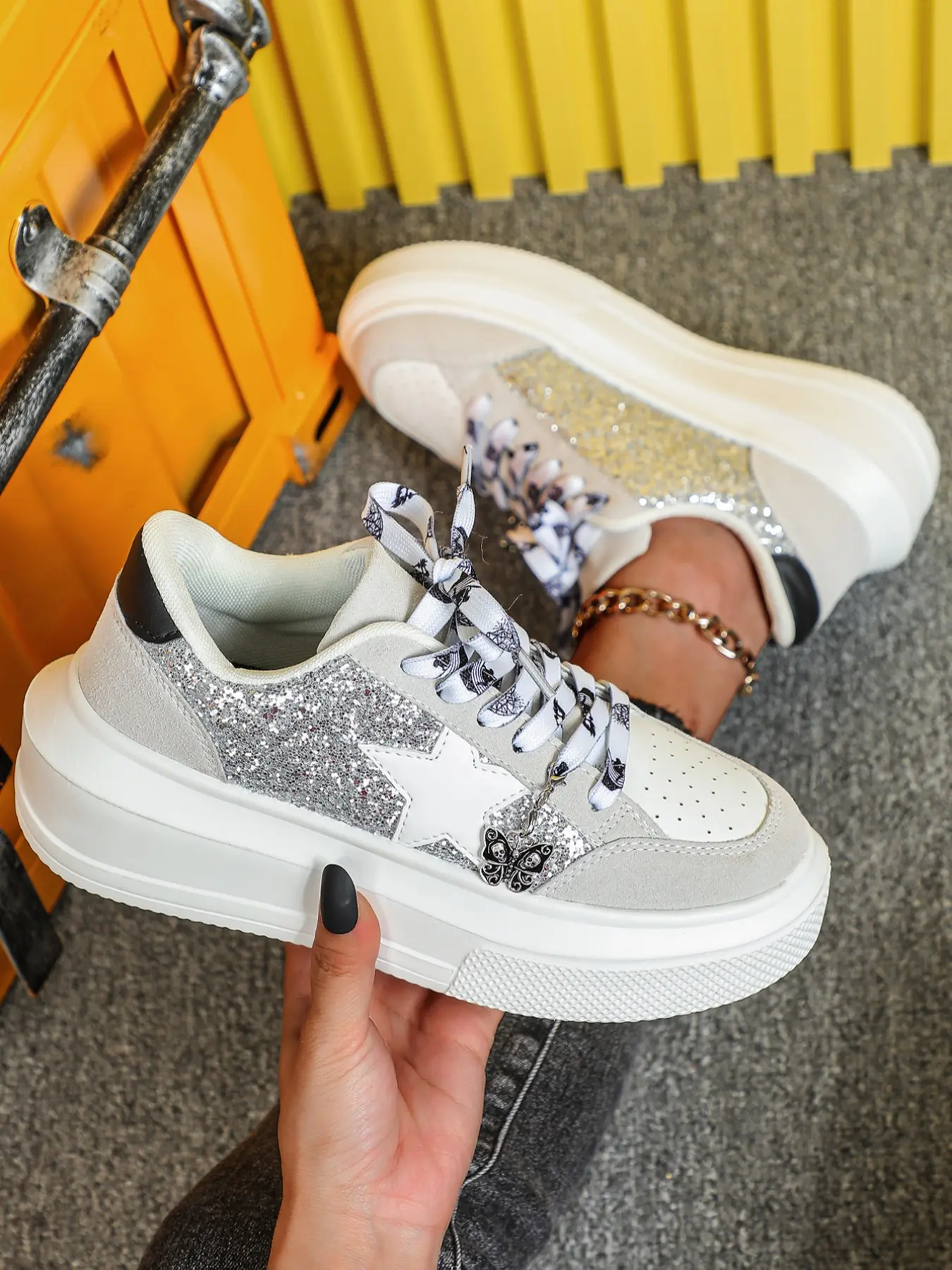 Women's Fashion Sneakers with Detachable Butterfly Skull Charm, Casual Low Top Glitter Skate Shoes Closed for Halloween Christmas Gifts