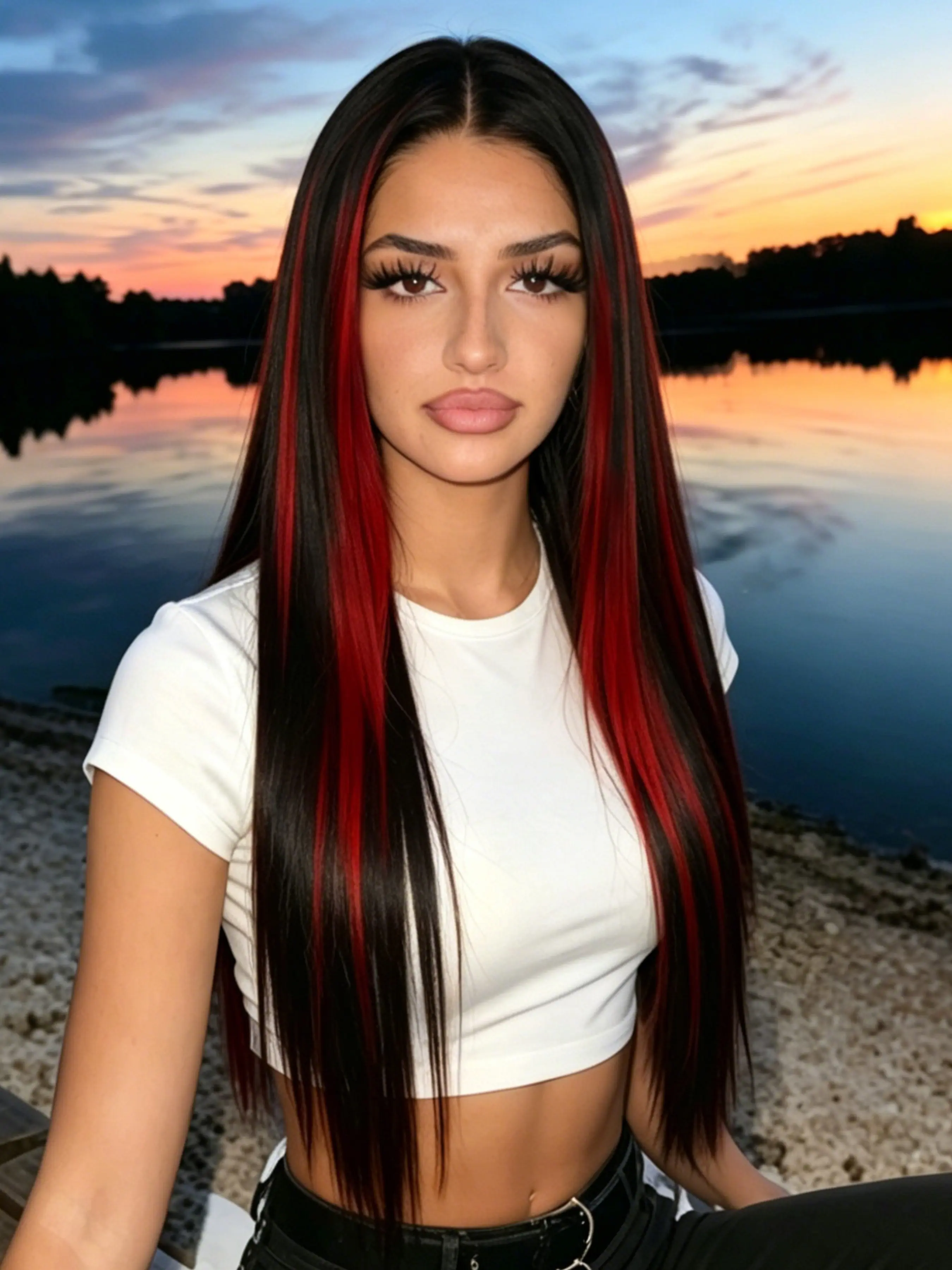 Black Red Highlight 13x4 Lace Front Wig Skunk Stripe Highlight Straight Adjustable Wig Soft HD Transparent Lace Frontal Wig Free Part Pre Plucked Natural Hairline Heat Resistant Synthetic Wig for Women Daily Wear Party Festival 28 Inches HD Wigs